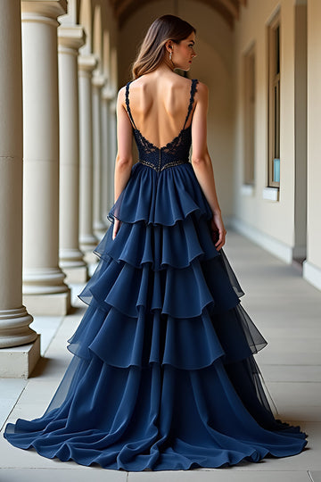 Sparkly Navy Ball Gown Ruffled Spaghetti Straps Long Formal Dress